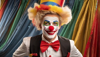 A clown in mask, red nose and costume, AI generated, AI generated