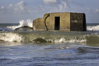 World War II concrete blockhouse on beach at Wissant, Nord-Pas de Calais, France, Europe