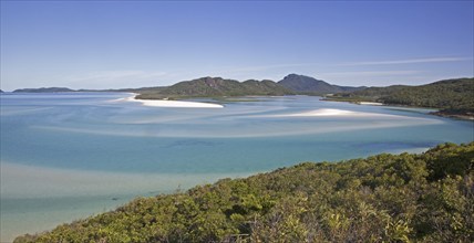 Areal view of white sandy beaches and turquoise blue water in the bay of Whitehaven Beach on