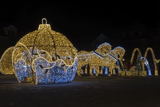 Golden horse figures, illuminated globe, cathedral square, world of lights, Magdeburg, most