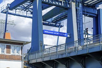 Welcome to the island of Rügen, old Rügen bridge with welcome sign, Hanseatic city of Stralsund,