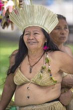 Indigenous woman with headdress, Salvador, State of Bahia, Brazil, South America