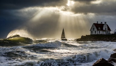 Storm surge, hurricane-like storm, stormy weather with high waves and a sailing boat on the sea, AI