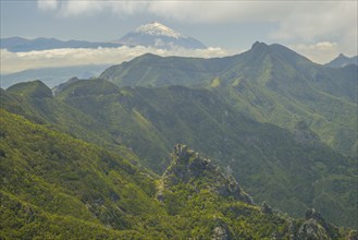 Panorama of Cabezo del Tejo, Chinobre, 910m, Anaga Mountains, Anaga, behind the Pico de Teide,