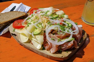 Snack plate, cheese and ham, food, at Berggasthof Petersberg, Flintsbach am Inn, Mangfall