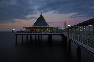 Illuminated pier Heringsdorf at dusk, long exposure, Baltic resort Heringsdorf, Usedom,