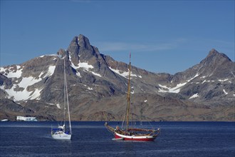 Two sailing ships in the harbour of Tasilaq, Dagmar Aaen by Arved Fuchs, Tasilaq, Greenland,