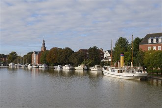 Boats at the leisure harbour on the river Leda, Leer, East Frisia, Lower Saxony, Germany, Europe