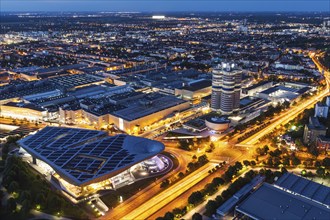 MUNICH, GERMANY, MAY 11: Aerial view of BMW Museum & BWM Welt & factory from Olympic Tower in the