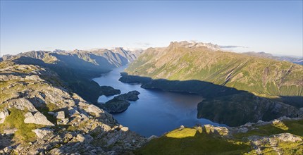 View from Seiskallåfjellet into the Nordfjorden, Svartisen Glacier in the background, Saltfjellet