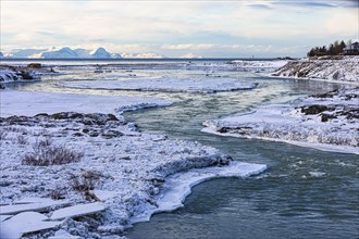 The glacier river Blanda with snowy and icy banks, Blöndous municipality, Northern Iceland Vestra,