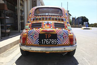 Car, colourfully painted 500 Fiat, with old Italian number plate, Sicily, Italy, Europe