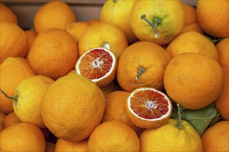 Market stall with oranges, Soller, Majorca, Balearic Islands, Spain, Europe