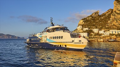 Morning light, hydrofoil, hydrofoil, Liberty Lines, Carmen M., Levanzo town, main town, Levanzo,