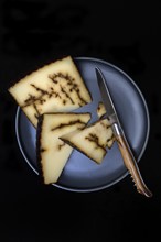 Sheep cheese with black garlic on plate with knife, Spain, Europe