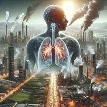 Air Pollution city and people suffers lung disease. Industrial pollution. Industrial smoke. Human