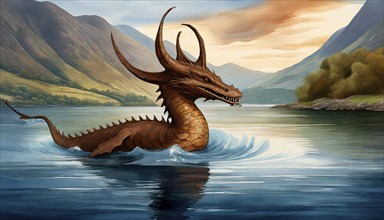 Mythology, the mythical creature Nessie, the Loch Ness monster, in Loch Ness in Scotland, AI