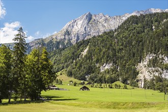 Alpine huts in Klöntal with the 2294 metre high Mutteristock, Canton Glarus, Switzerland, Europe