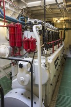 6-cylinder 510 hp engine in engine room of the last Iceland trawler Amandine, renovated fishing