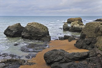 Eroded sea stacks at the Plage des Cinq Pineaux at Saint-Hilaire-de-Riez, La Vendée, Pays de la