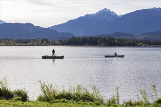 Angler at Lake Hopfensee, Allgäu Alps, Hopfen am See, Ostallgäu, Bavaria, Germany, Europe