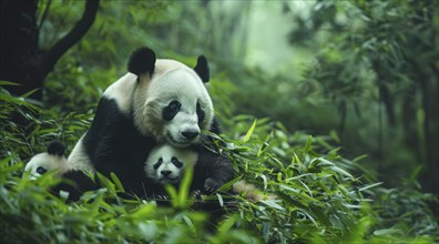 Cute giant panda with panda cub its natural habitat., AI generated