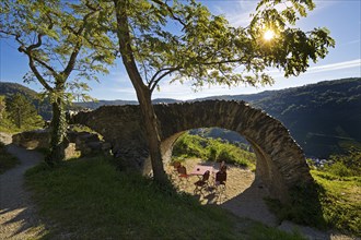 Beautiful place in the beer garden at the Grevenburg ruins, Traben-Trarbach, Middle Moselle,