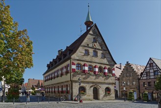 Historic town hall in an old town centre of Lauf an der Pegnitz under a clear blue sky, town hall,