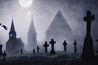 Old abandoned night cemetery and black raven, AI generated