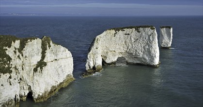 The chalk sea stacks Old Harry Rocks at Handfast Point on the Isle of Purbeck along the Jurassic