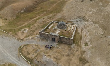 Aerial view, caravanserai of Tash Rabat from the 15th century, Naryn region, Kyrgyzstan, Asia