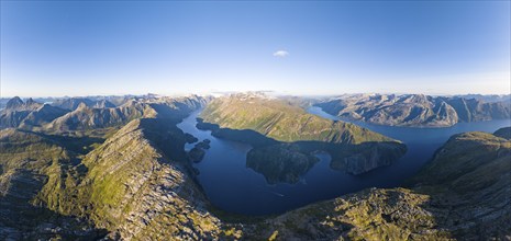 View from Seiskallåfjellet into Nordfjorden and Melfjorden, Svartisen Glacier in the background,