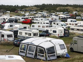 Motorhomes and caravans on a campsite, Vejers, Denmark, 16.07.2023, Europe