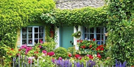 Plain Little tiny house in a floral garden with blooming flowers, AI generated