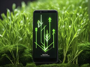 Smartphone screen displaying green grass arrows sprouting upwards symbolizing growth and