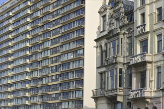 Old apartments and new flats along the North Sea coast at Ostend, Belgium, Europe