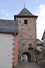 Historic middle gate as town gate in Hirschhorn am Neckar, Neckar Valley, Odenwald, Hesse, Germany,