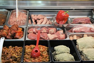 Variety of fine meat products in the butchery (Variety of fine meat products in the butchery)