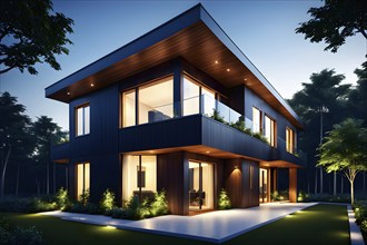 Three dimensional rendering of an illuminated modern ecological real estate residential house, AI