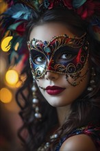 Young woman at venetian masquerade with ornate mask, AI generated