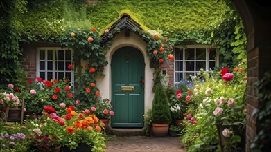 Plain Little tiny house in a floral garden with blooming flowers, AI generated