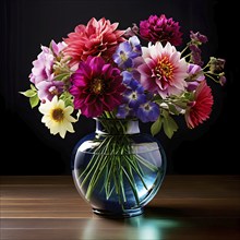 Transparent crystal glass vase with vibrant blooming flowers, AI generated