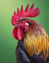 Rooster (Gallus gallus domesticus), male domestic fowl, portrait, cropped image, AI generated, AI