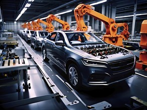 AI generated automotive assembly line in car manufacturing progression with automated machines