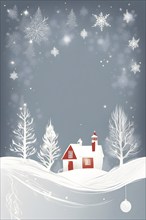 Abstract illustration of a white Christmas card with delicate hand-drawn illustrations, empty space