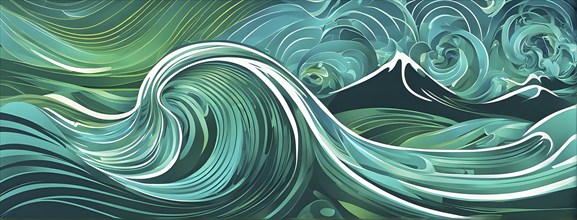 Illustration of swirling ocean waves and recycling symbols to represent clean oceans and