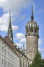 Tower of the All Saint Church or Castle Church, Luther City Wittenberg, Saxony Anhalt, Germany,