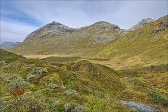 View of the Valldalen valley, Reinheimen National Park, lake and mountain, Møre og Romsdal, Norway,