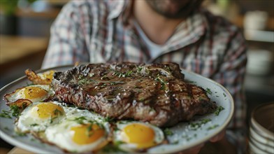 Man holding out A plate filled with steak and eggs. generative AI, AI generated