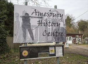 Sign outside Amesbury History Centre, Wiltshire, England, UK